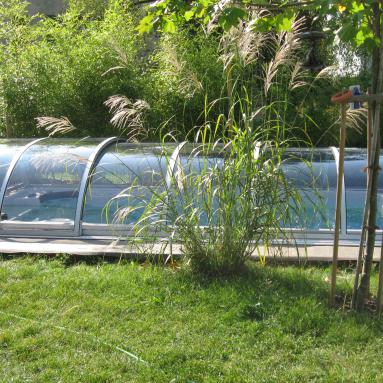 Abri de spa de nage indépendant implanté dans le jardin I Modèle bas Vision I Installation voroka - Juralu
